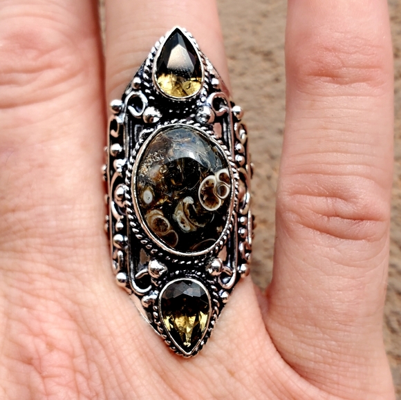 New Turtella Agate Fossil & Smoky Quartz 925 Silver Statement Ring. - Picture 5 of 13